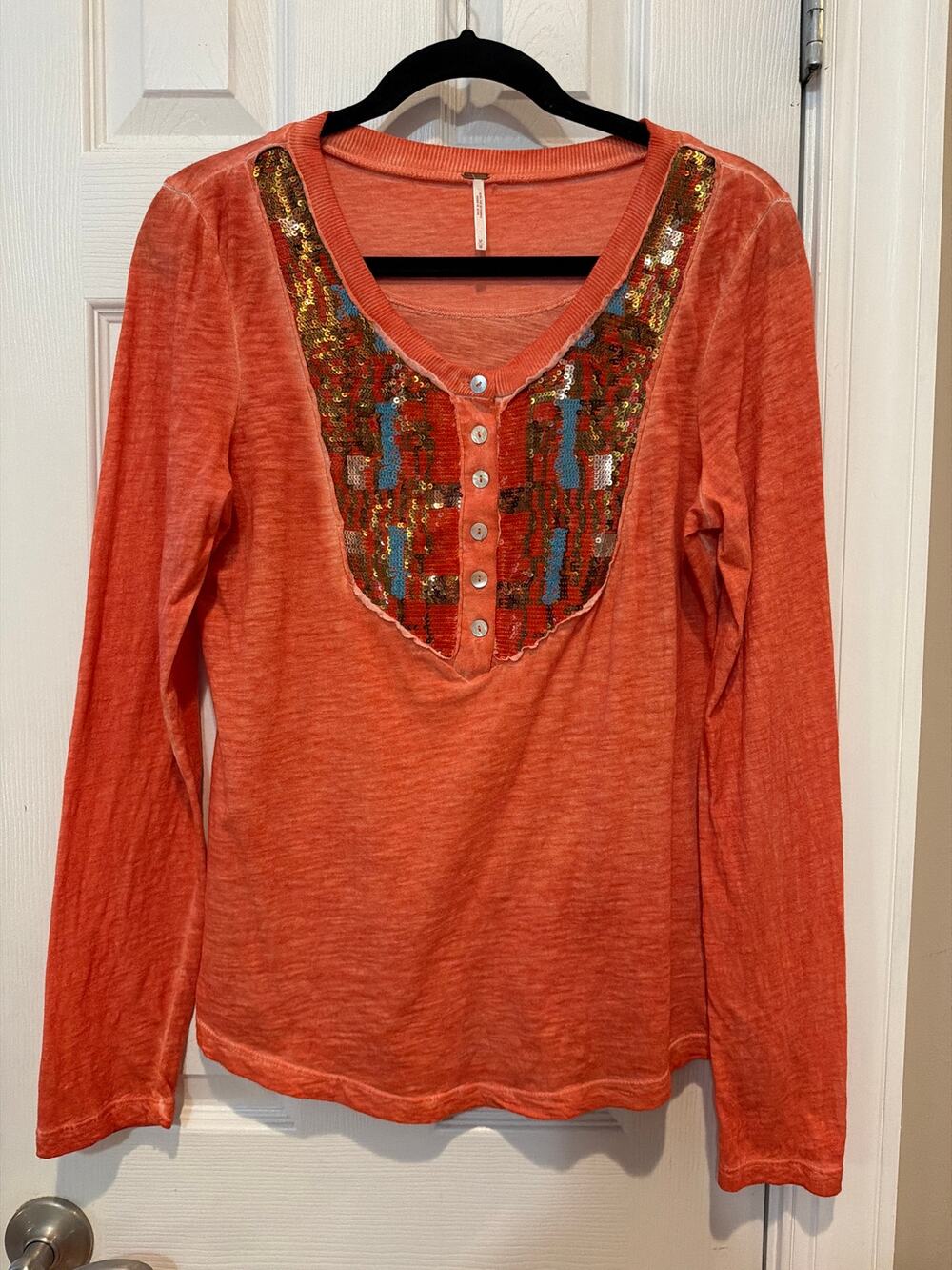 Free People "Tiger Eyes" L/S Rust/Burnt Orange Sequin Bib Size M
